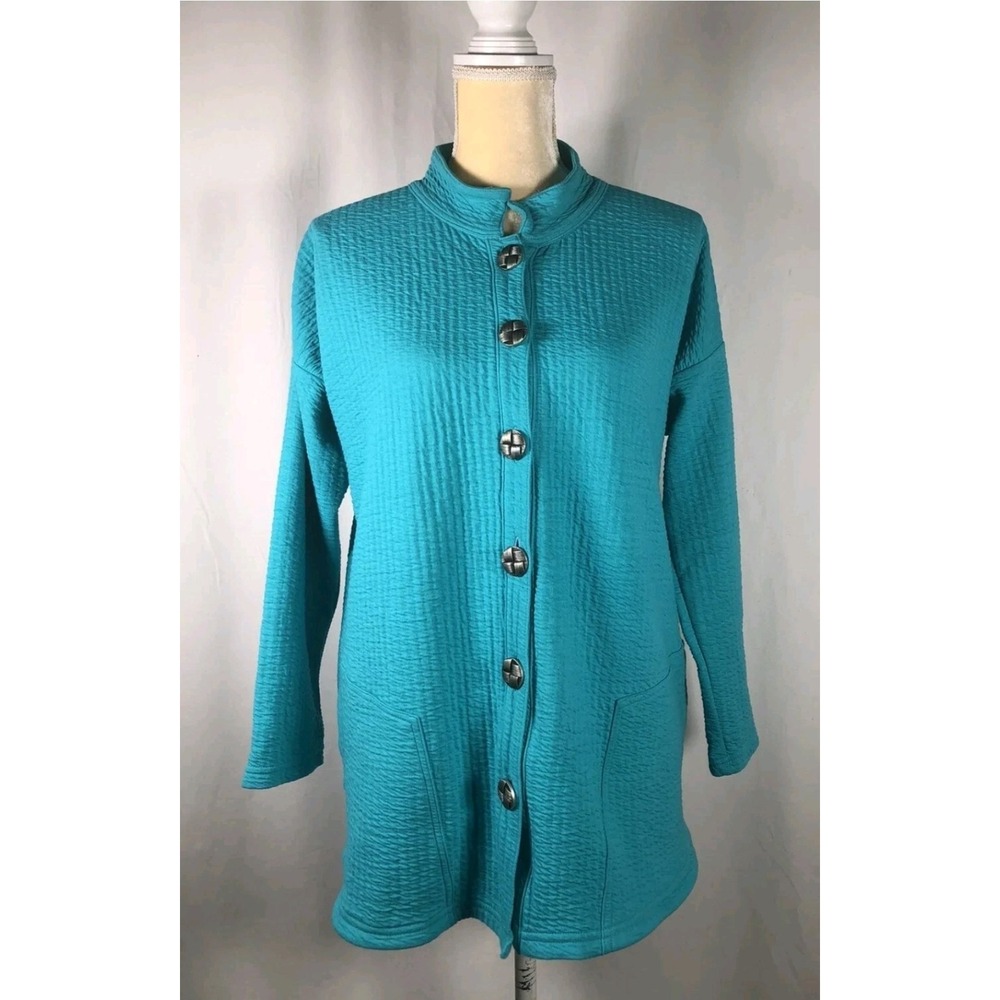 Soft Surroundings Art To Wear Jacket Sz M Cardigan CottonSeersucker Blue Buttons - Picture 2 of 7